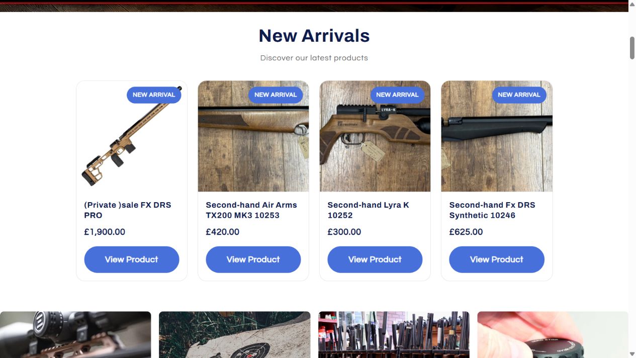 Blackpool Air Guns website after the redesign, showing organised product cards with prices and actions
