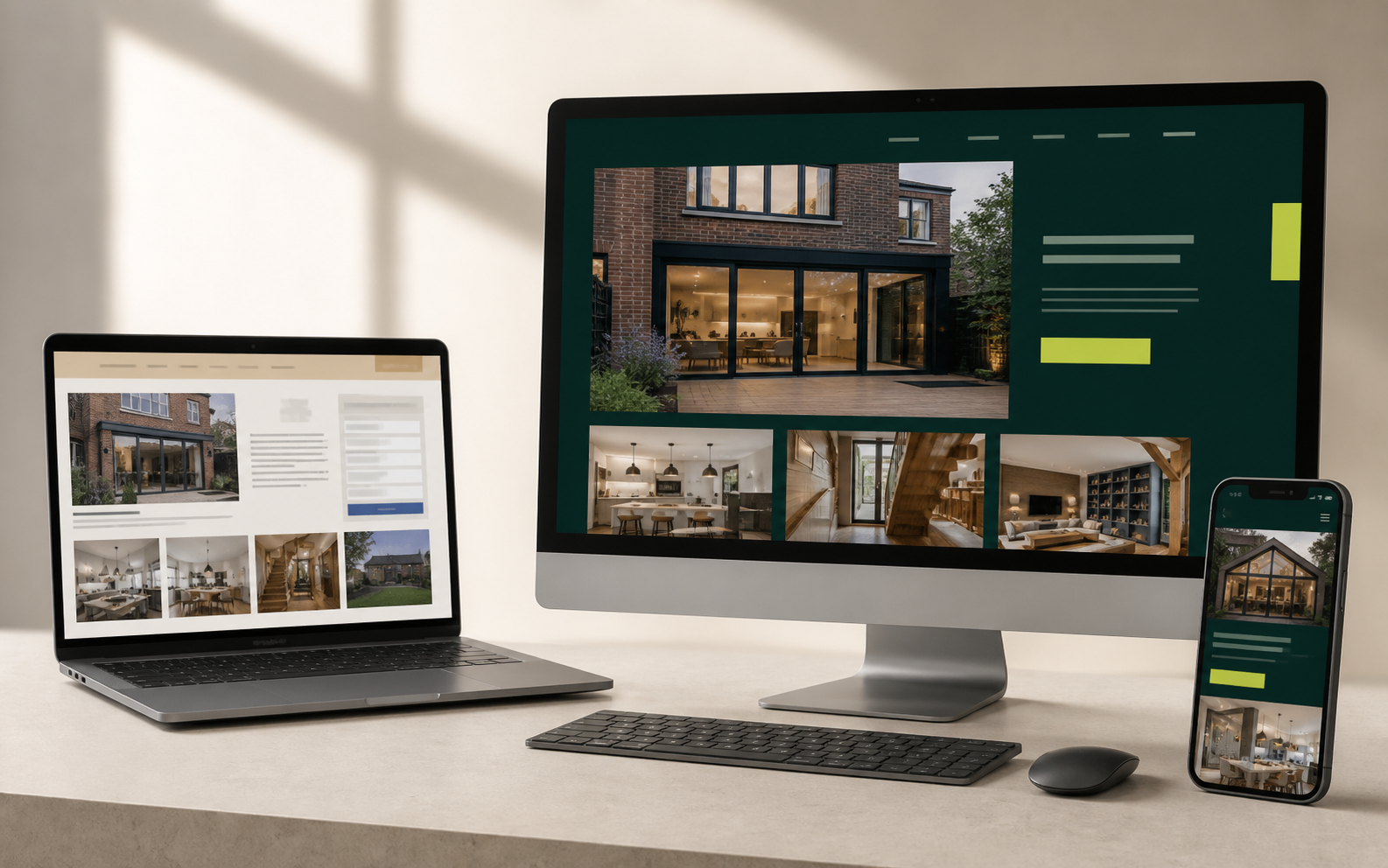 An illustrative older builder website beside a polished desktop and mobile redesign